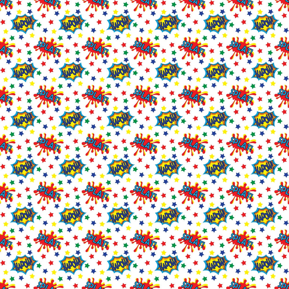 Comic-style pattern with words like “splat” surrounded by colorful stars and shapes on a white background.