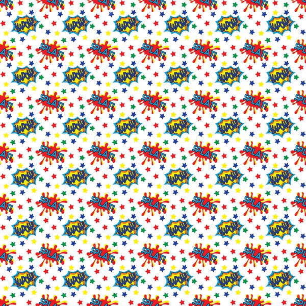 Comic-style pattern with words like “splat” surrounded by colorful stars and shapes on a white background.