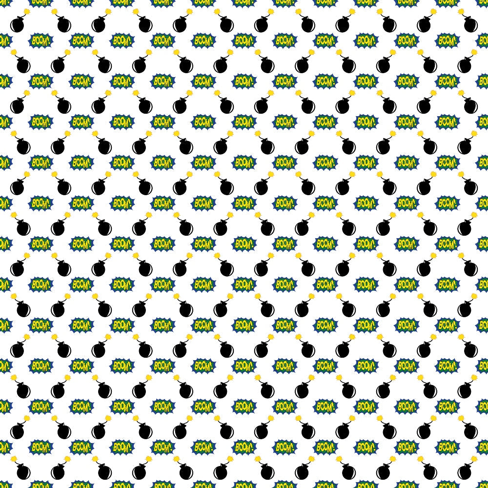 Repeating pattern of cartoon bombs and BOOM! text on a white background.