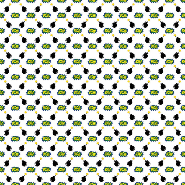 Repeating pattern of cartoon bombs and BOOM! text on a white background.