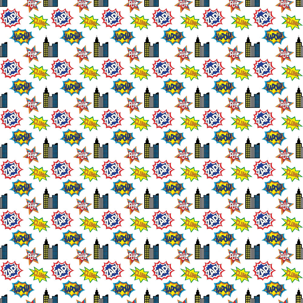 Comic-style pattern featuring Zap and Pow text, city building silhouettes, and cartoon explosions on a white background.