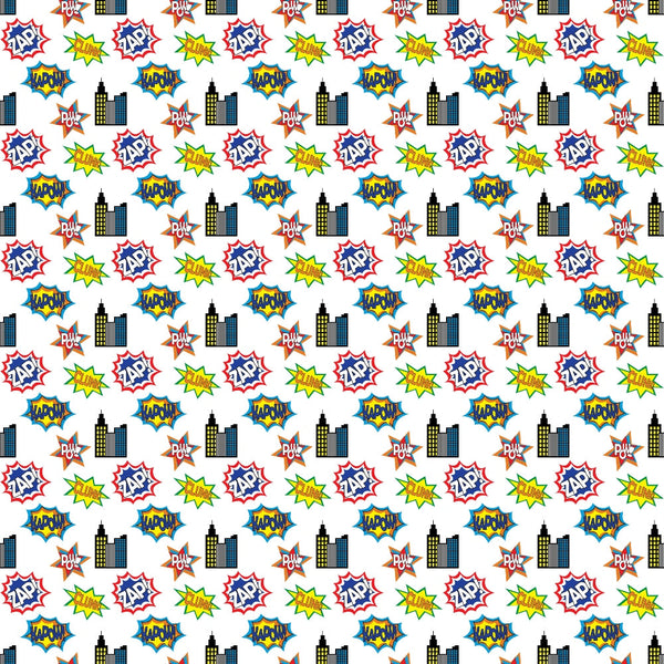 Comic-style pattern featuring Zap and Pow text, city building silhouettes, and cartoon explosions on a white background.