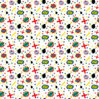 Comic-style pattern with words like BAM! and BOOM!, along with bombs, stars, and colorful geometric shapes on a white background.