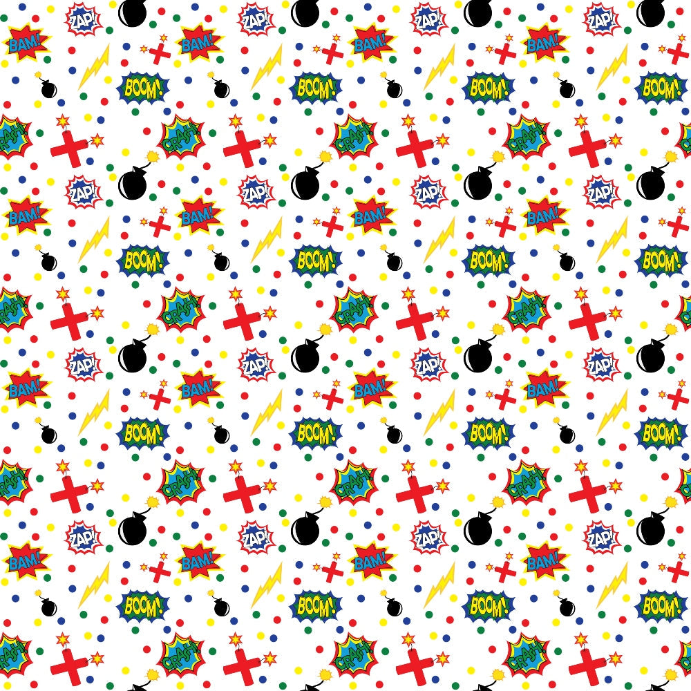 Comic-style pattern with words like BAM! and BOOM!, along with bombs, stars, and colorful geometric shapes on a white background.