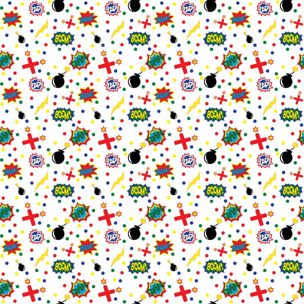 Comic-style pattern with words like BAM! and BOOM!, along with bombs, stars, and colorful geometric shapes on a white background.