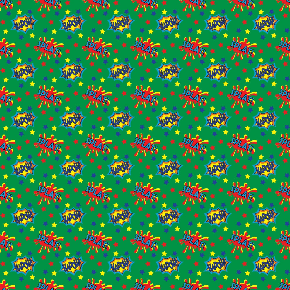 Colorful comic-style pattern with words like Splat and Zap on a green background, featuring stars and splashes.