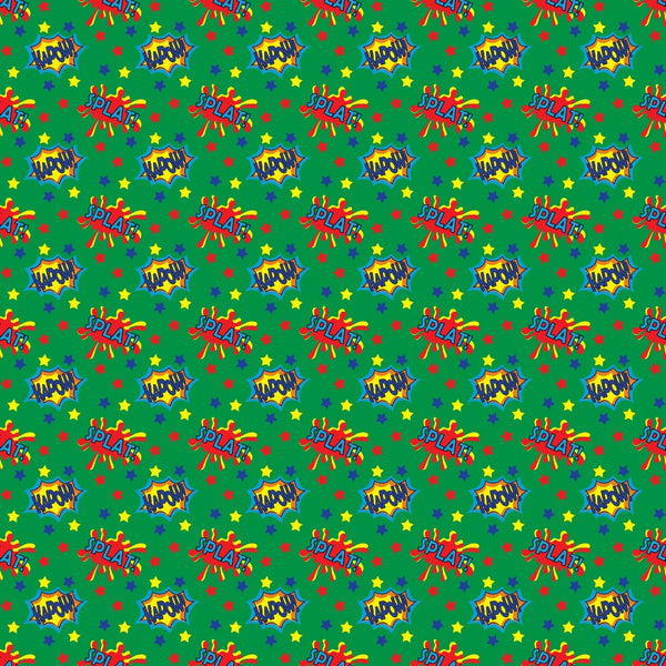 Colorful comic-style pattern with words like Splat and Zap on a green background, featuring stars and splashes.