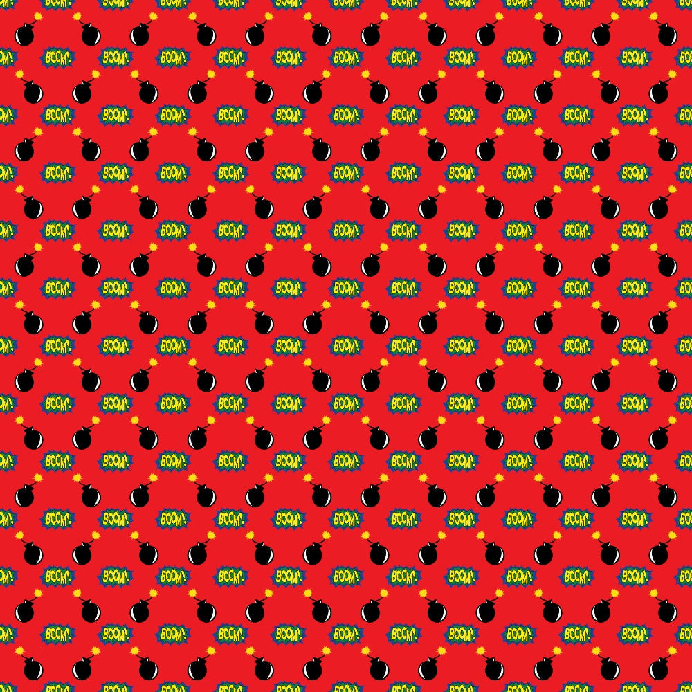 A repeating pattern of cartoon bombs and BOOM! text on a red background.