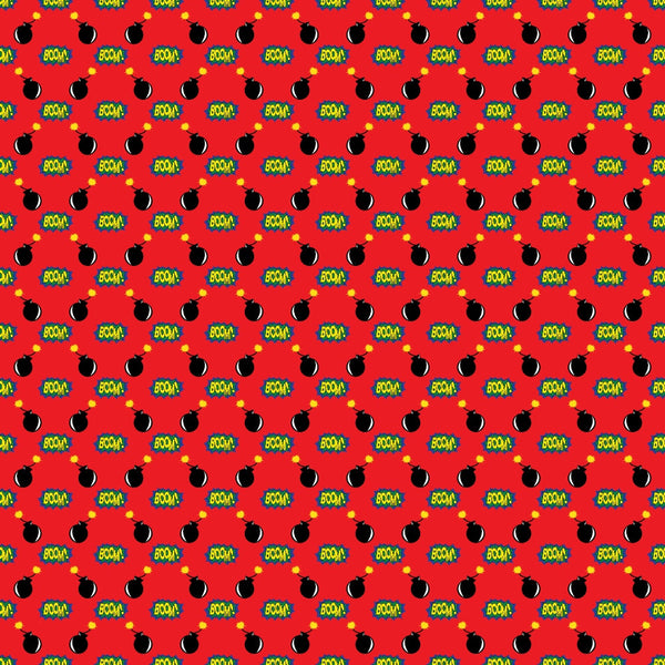 A repeating pattern of cartoon bombs and BOOM! text on a red background.