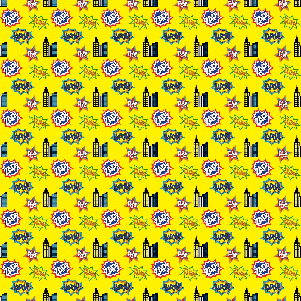 Yellow background with a repeating pattern of comic-style sound effects, skyscrapers, and leaves in various colors and designs.