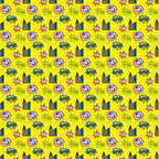 Yellow background with a repeating pattern of comic-style sound effects, skyscrapers, and leaves in various colors and designs.