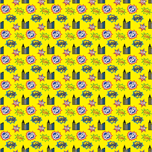 Yellow background with a repeating pattern of comic-style sound effects, skyscrapers, and leaves in various colors and designs.