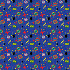 Comic-style pattern with words like Bam, Zap, and Boom, featuring bombs, lightning bolts, red crosses, and yellow stars on a blue background.