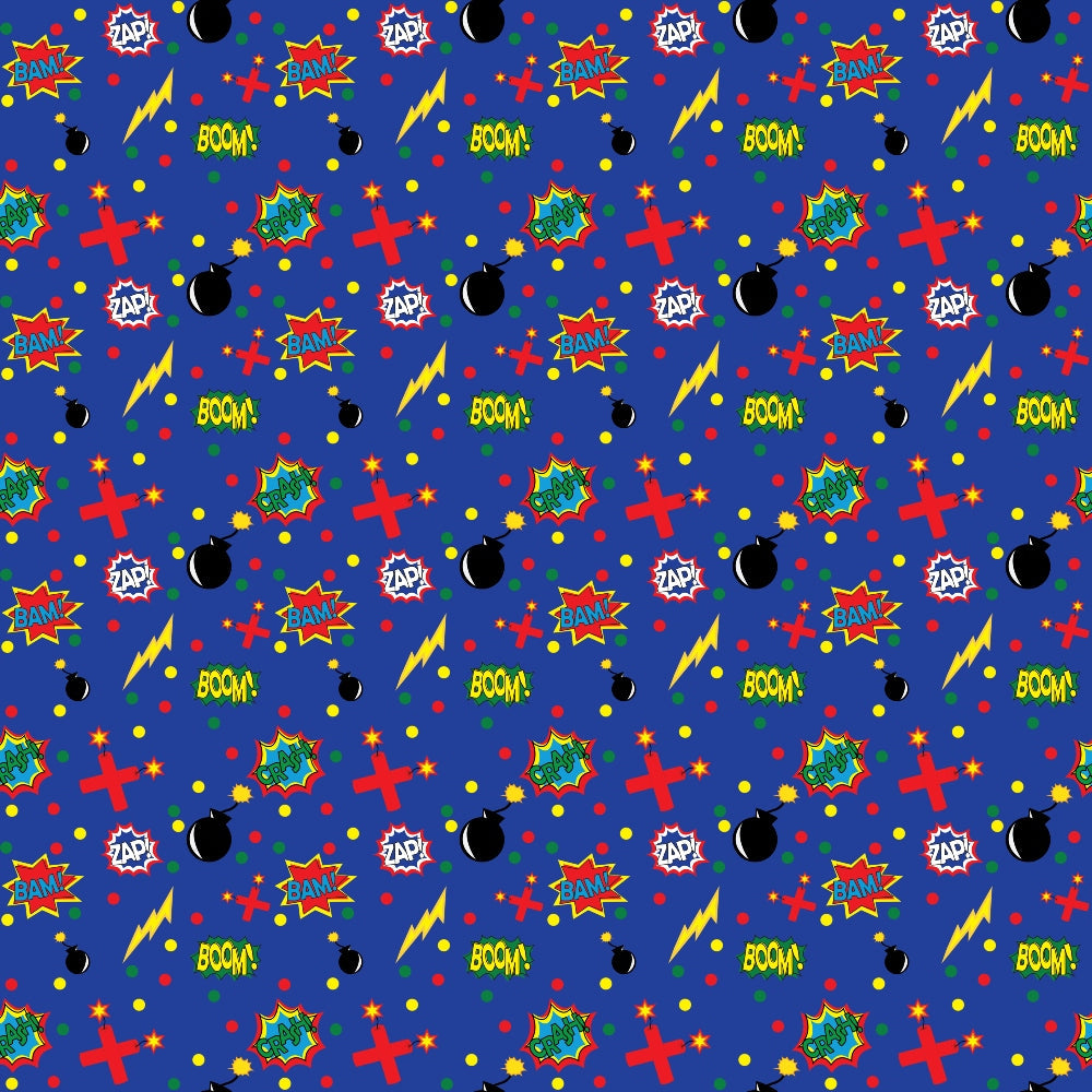 Comic-style pattern with words like Bam, Zap, and Boom, featuring bombs, lightning bolts, red crosses, and yellow stars on a blue background.