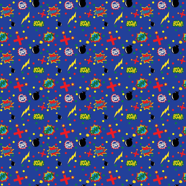 Comic-style pattern with words like Bam, Zap, and Boom, featuring bombs, lightning bolts, red crosses, and yellow stars on a blue background.