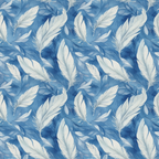 A seamless pattern of white feathers on a textured blue background, creating a soft, flowing design.
