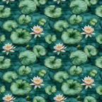 A seamless pattern of green lily pads and pink water lilies on a teal background.