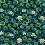 Pattern of white water lilies and green lily pads on a dark blue water background.