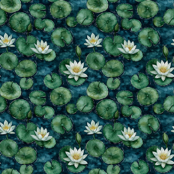 Pattern of white water lilies and green lily pads on a dark blue water background.
