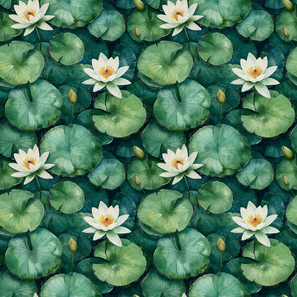 Illustration of white water lilies and green lily pads on water, arranged in a seamless repeating pattern.