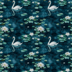 Pattern of swans swimming among lily pads and white water lilies on a dark blue background.