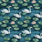 Pattern of swans swimming among lily pads and pink water lilies on a dark blue water background.