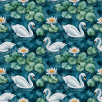 Pattern of white swans swimming among green lily pads and blooming water lilies on a dark blue background.