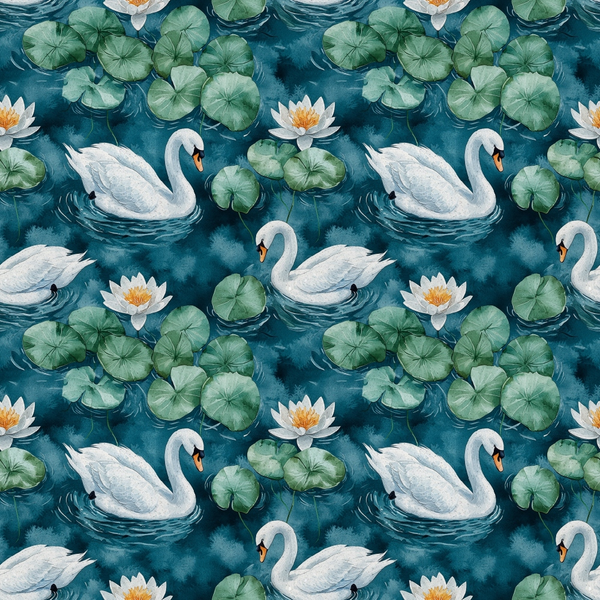 Pattern of white swans swimming among green lily pads and blooming water lilies on a dark blue background.