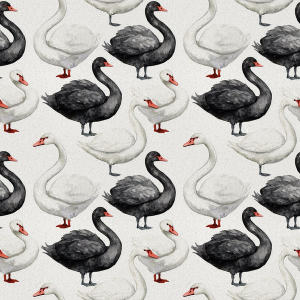 Pattern featuring alternating black and white swans facing different directions on a light background.