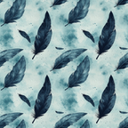 Pattern of scattered dark blue feathers on a light blue textured background.