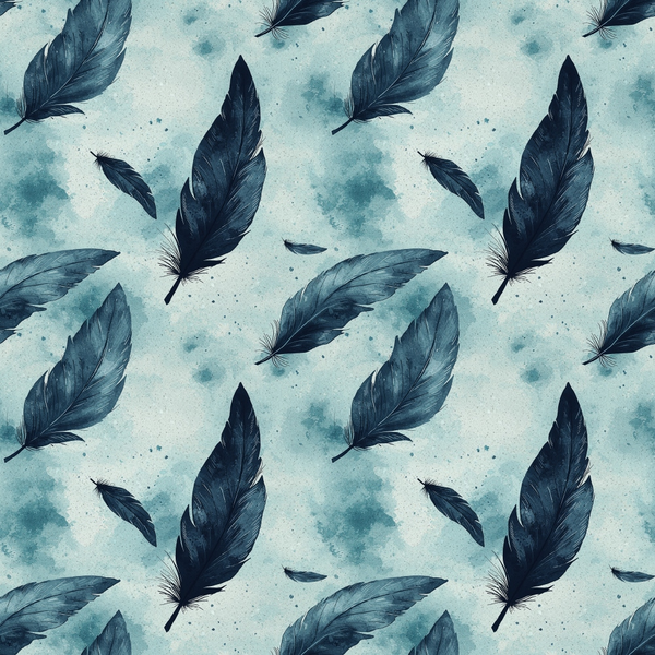 Pattern of scattered dark blue feathers on a light blue textured background.