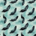 Pattern of black feathers on a light teal watercolor background.