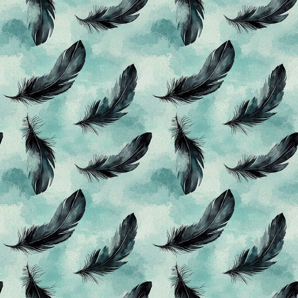 Pattern of black feathers on a light teal watercolor background.