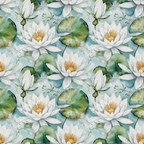 Pattern of white water lilies and green lily pads on a light blue background.