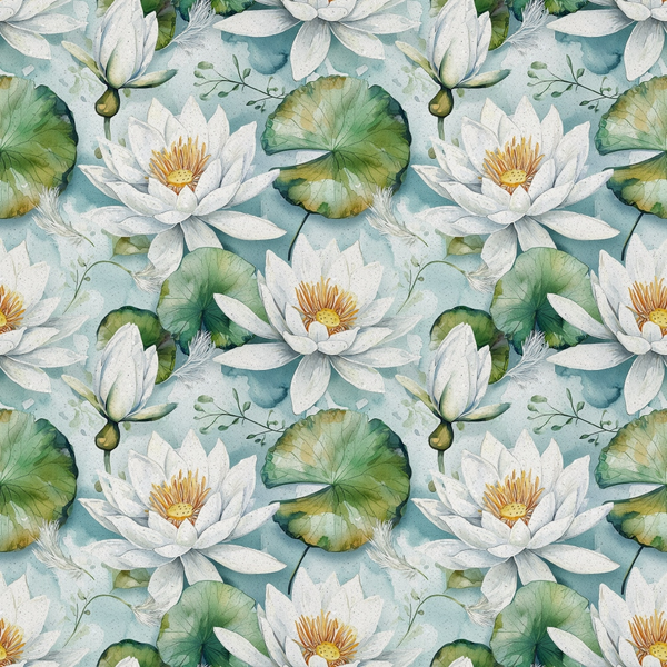Pattern of white water lilies and green lily pads on a light blue background.