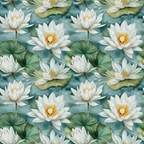 Pattern of white water lilies and green lily pads on a teal background.