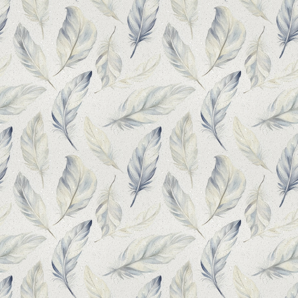 Pattern of soft, blue and beige feathers on a light background.