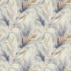 A seamless pattern of delicate, watercolor feathers in shades of beige, brown, and light blue, spread evenly across a light background.