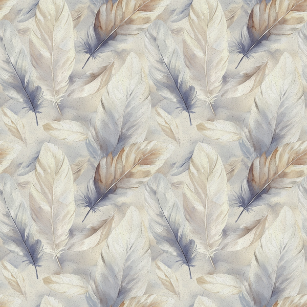 A seamless pattern of delicate, watercolor feathers in shades of beige, brown, and light blue, spread evenly across a light background.