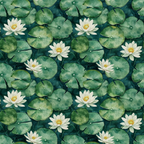 Seamless pattern of white water lilies and green lily pads on a dark background.