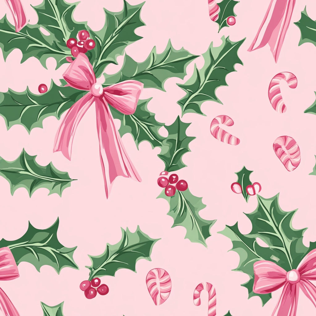 pink, green, holly leaves, red berries, ribbon bows, candy canes, christmas pattern,, fabric panel, festive design, botanical motifs, holiday theme, soft pastels, vintage style, repeating pattern, winter elements, decorative bows, cheerful mood, cotton fabric, seasonal print