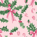 pink, green, holly leaves, red berries, ribbon bows, candy canes, christmas pattern,, fabric panel, festive design, botanical motifs, holiday theme, soft pastels, vintage style, repeating pattern, winter elements, decorative bows, cheerful mood, cotton fabric, seasonal print