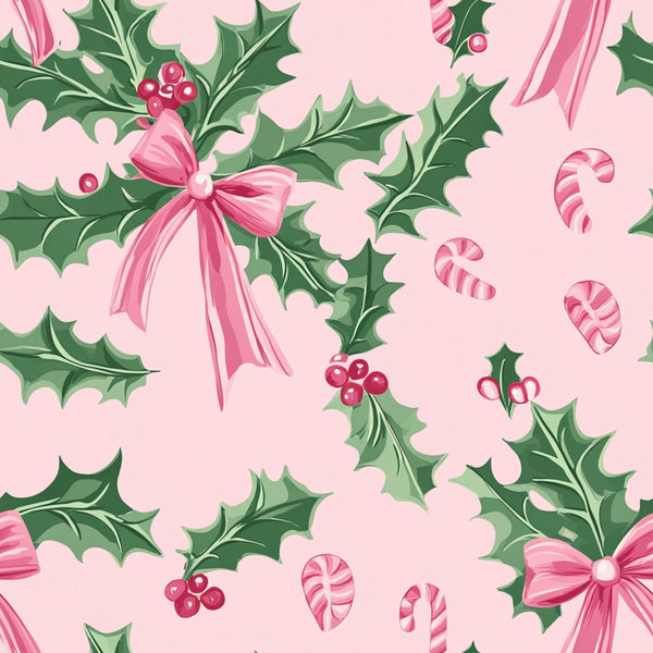 pink, green, holly leaves, red berries, ribbon bows, candy canes, christmas pattern,, fabric panel, festive design, botanical motifs, holiday theme, soft pastels, vintage style, repeating pattern, winter elements, decorative bows, cheerful mood, cotton fabric, seasonal print