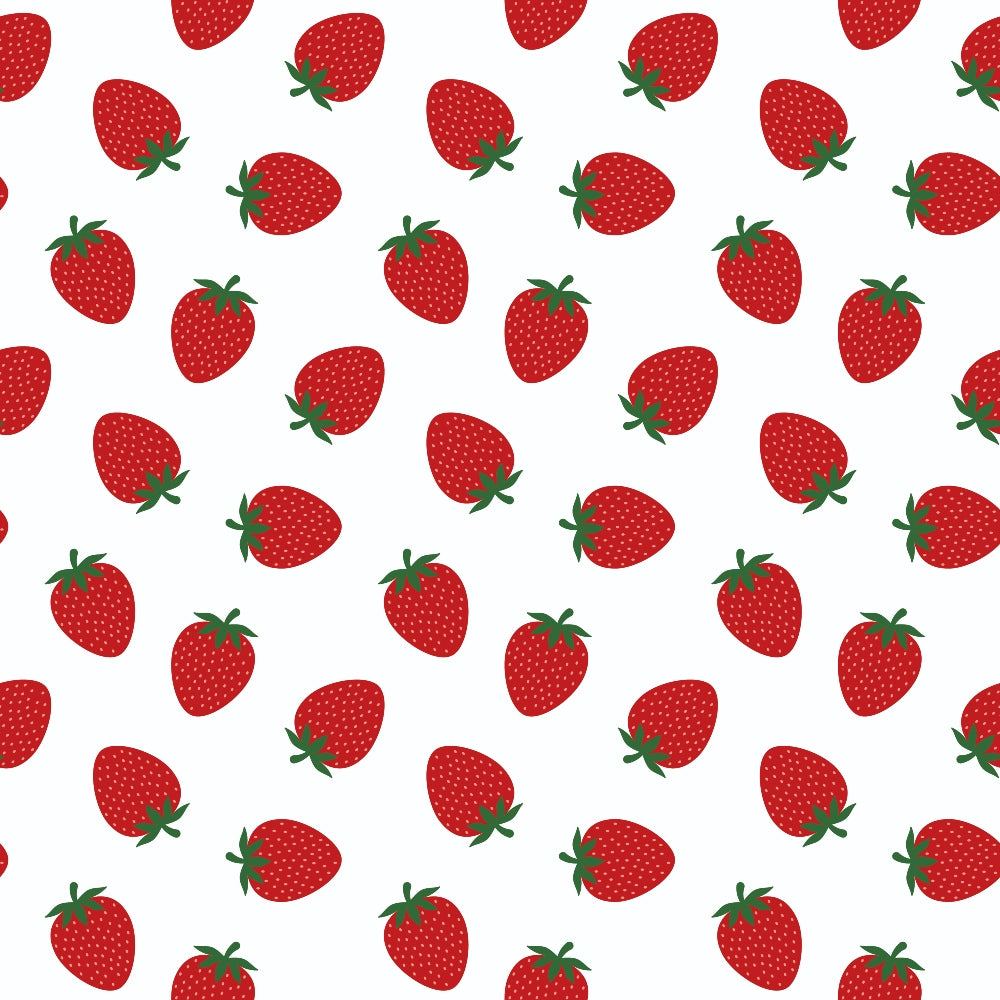 Pattern of red strawberries with green leaves scattered on a white background.