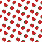 Pattern of red strawberries with green leaves scattered on a white background.
