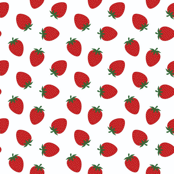 Pattern of red strawberries with green leaves scattered on a white background.