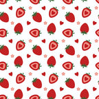 Pattern of strawberries, hearts, and flowers on a white background.