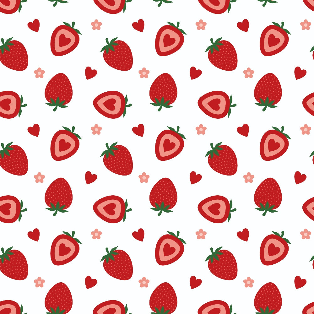 Pattern of strawberries, hearts, and flowers on a white background.