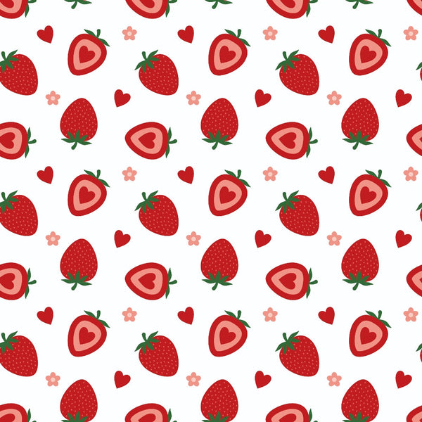 Pattern of strawberries, hearts, and flowers on a white background.