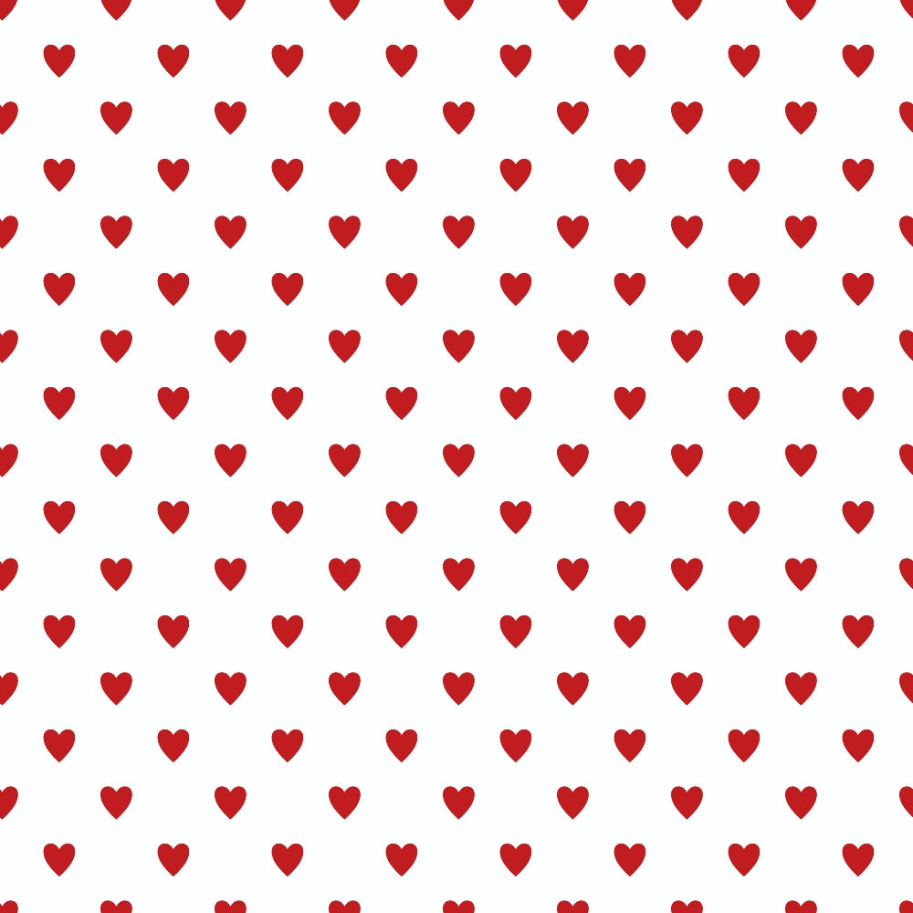 Pattern of evenly spaced red hearts on a white background.